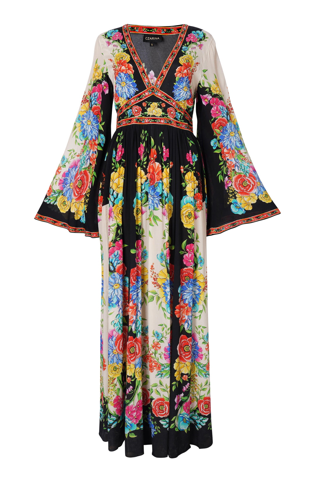 SPANISH FLOWER MAXI DRESS W FLARE SLEEVES