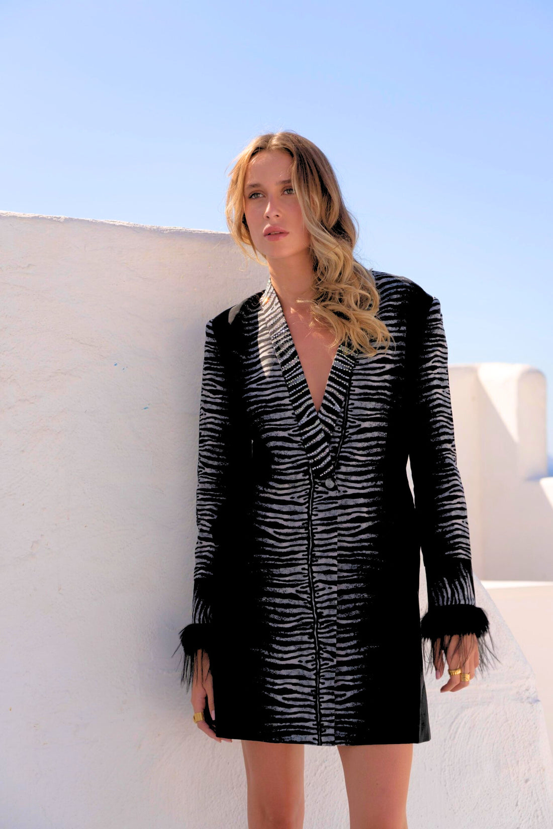 AEGEAN NIGHTS BLAZER DRESS W FUR