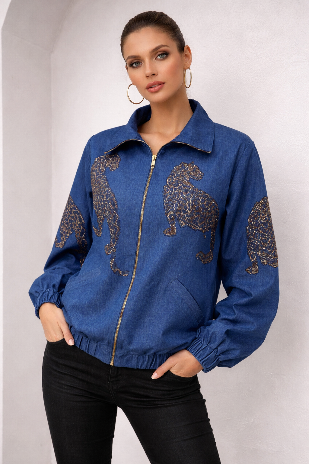 LEOPARDESS DENIM OVERSIZE BOMBER JACKET