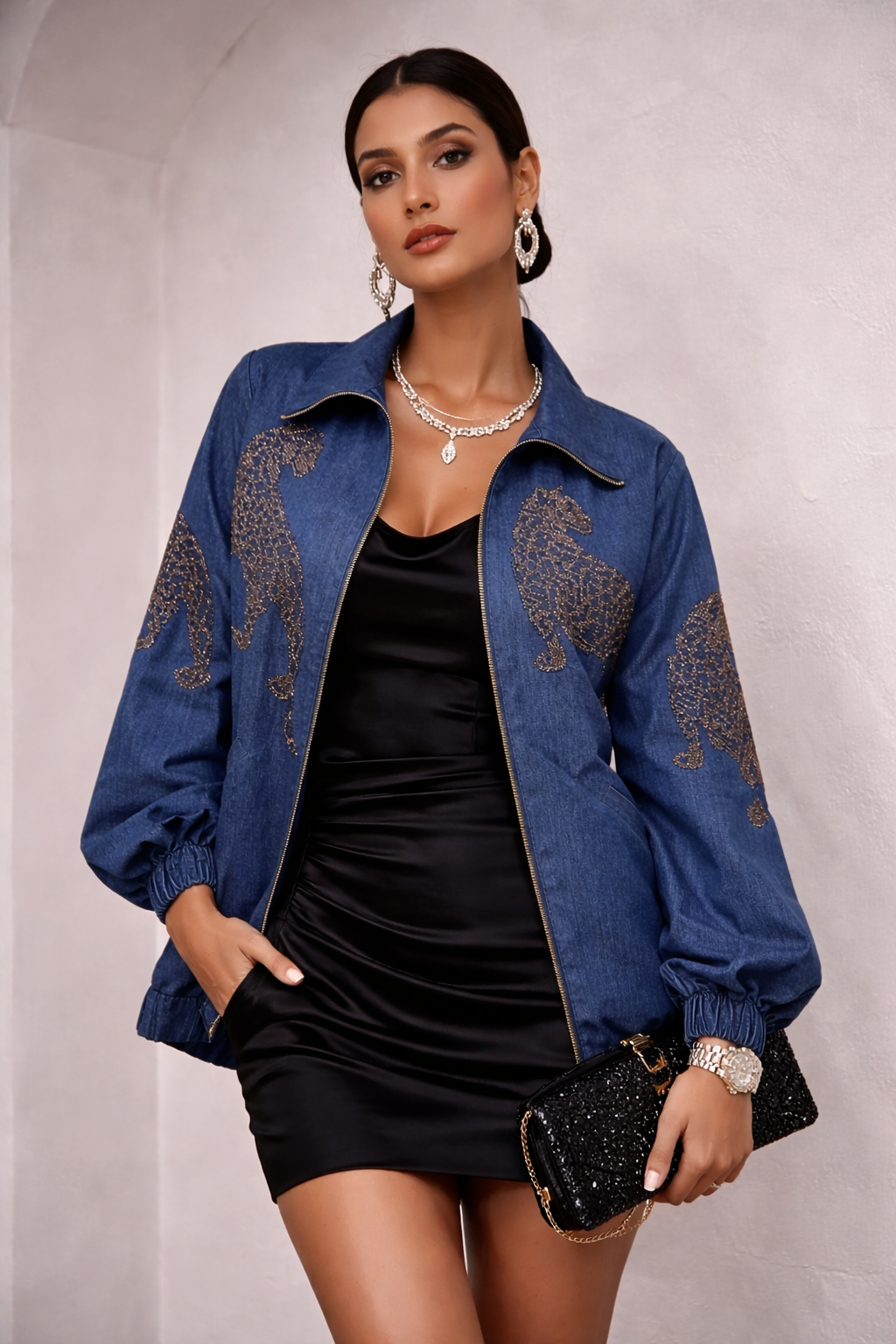 LEOPARDESS DENIM OVERSIZE BOMBER JACKET