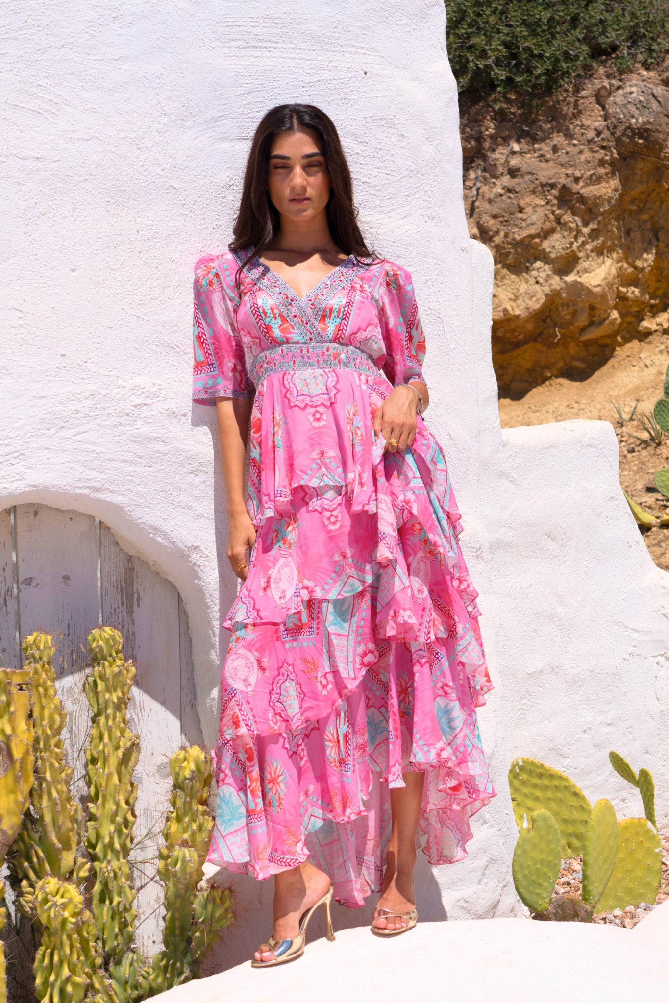 Pink Boho Cross Over Maxi Dress