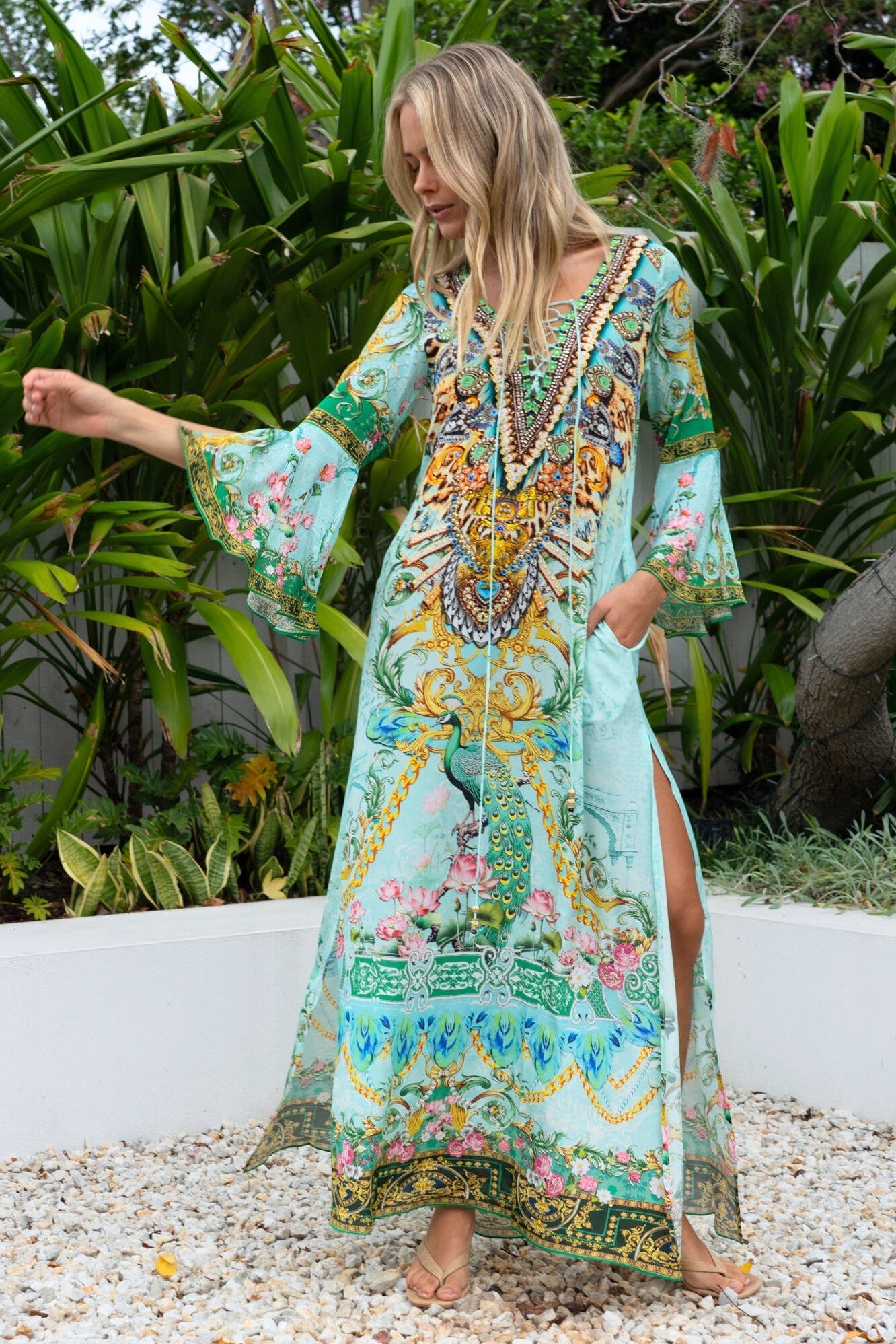 AQUA CHEETAH MAXI DRESS W SLEEVES - Czarina