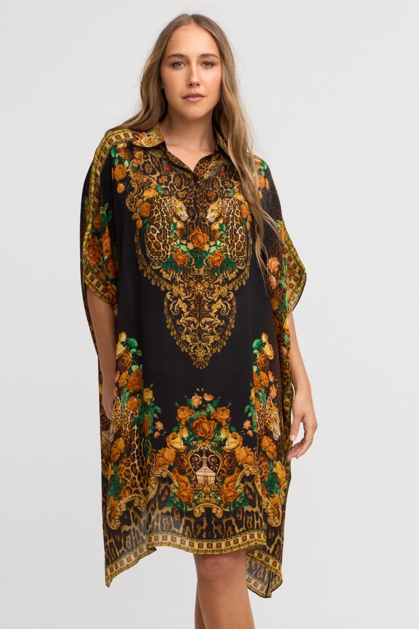 Black Leopardess Midi Collar Kaftan - Czarina