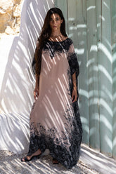 BLACK PAISLEY ROUND NECK LONG KAFTAN - Czarina