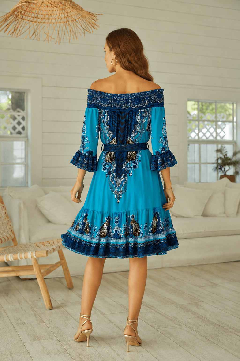 BLUE TIGRESS OFF SHOULDER SHORT DRESS - Czarina