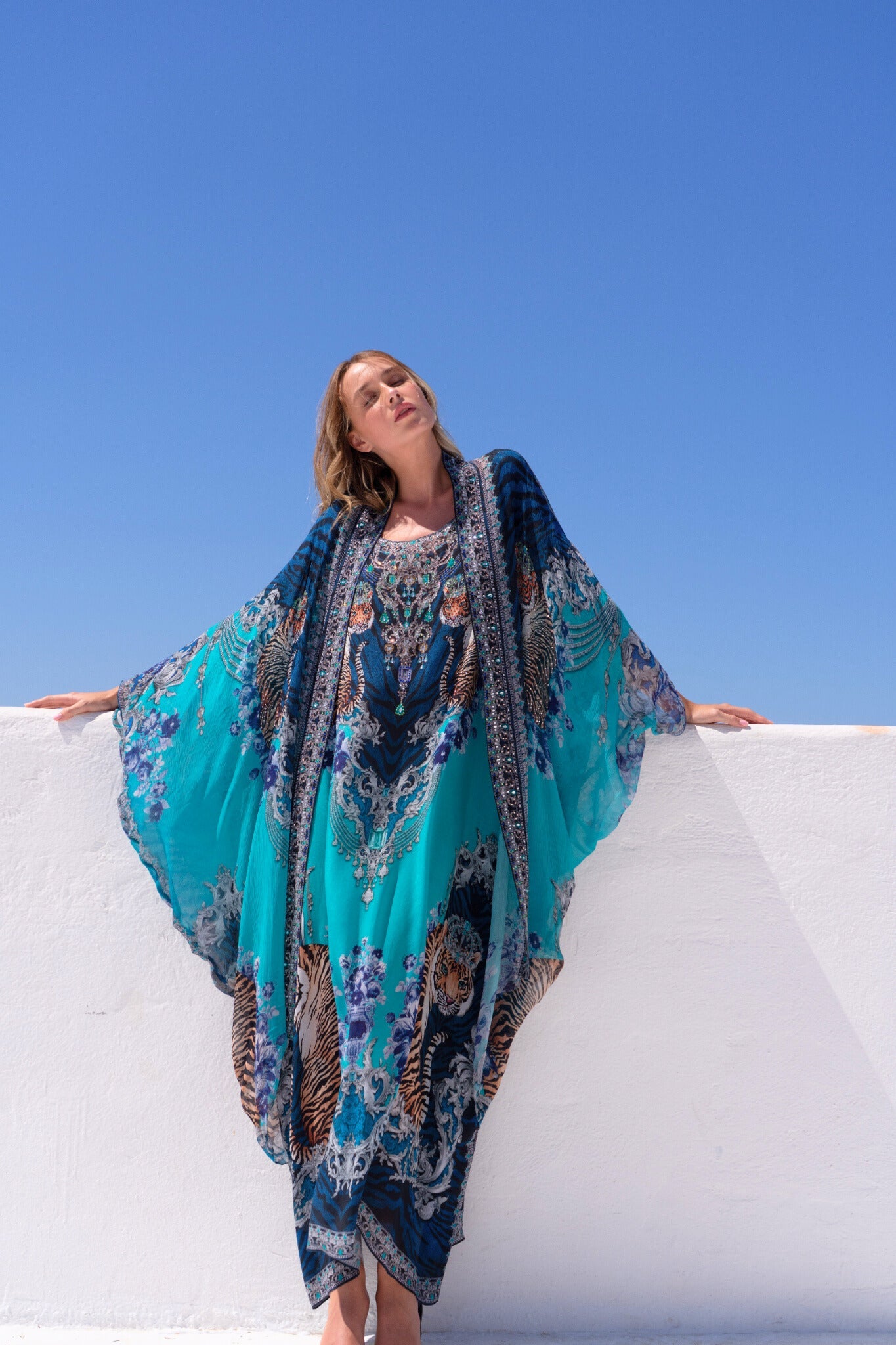 BLUE TIGRESS ROUND NECK LONG KAFTAN - Czarina
