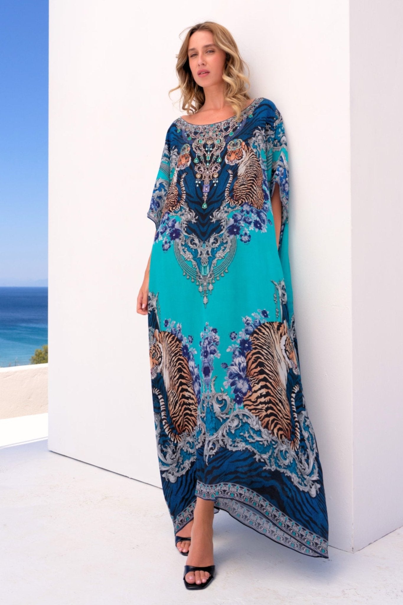BLUE TIGRESS ROUND NECK LONG KAFTAN - Czarina