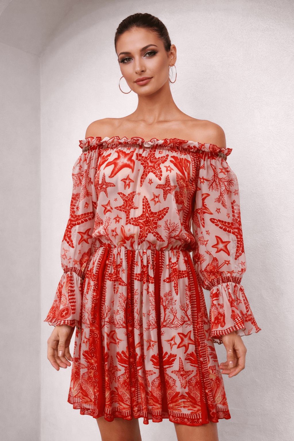 CORAL OFF SHOULDER SHORT DRESS - Czarina