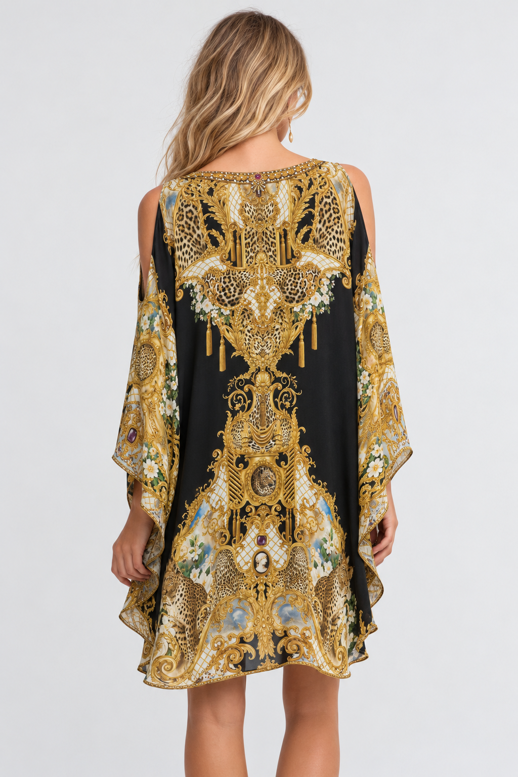 Back view of the Midnight Romance kaftan dress with gold baroque, leopard and floral motifs