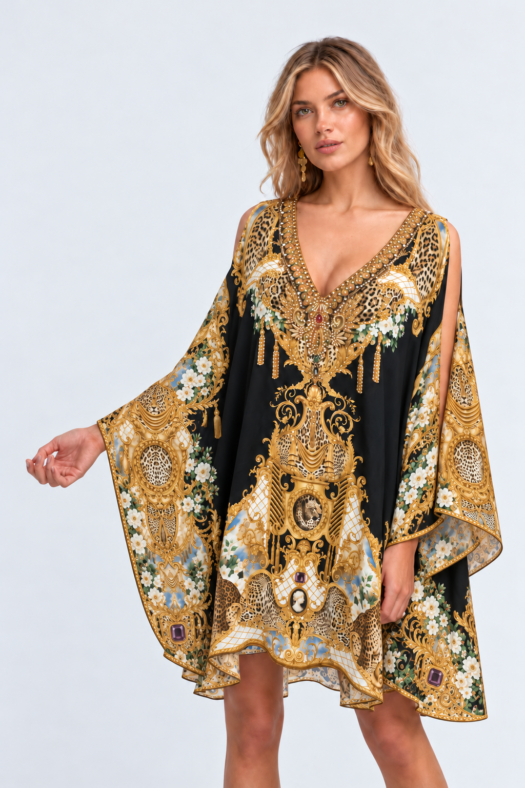 Front detail of the Midnight Romance kaftan dress showing the V-neckline, shoulder slits and flowing sleeves