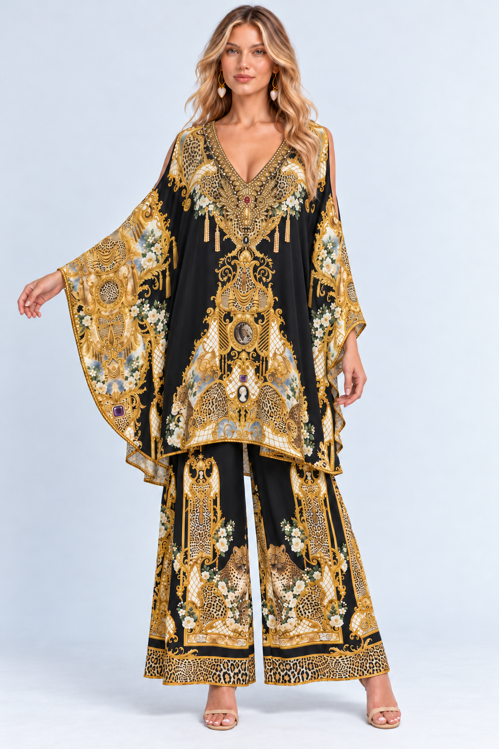 Front view of the Midnight Romance kaftan dress styled with matching wide-leg trousers