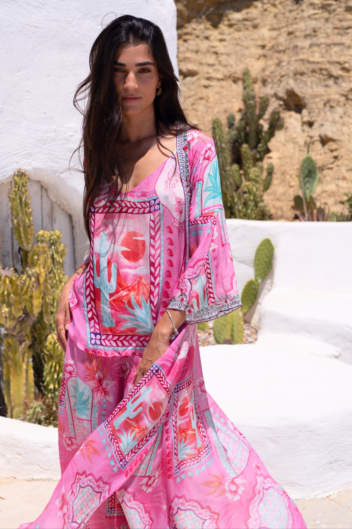 Pink Boho Long Jacket w Side Slit - Czarina