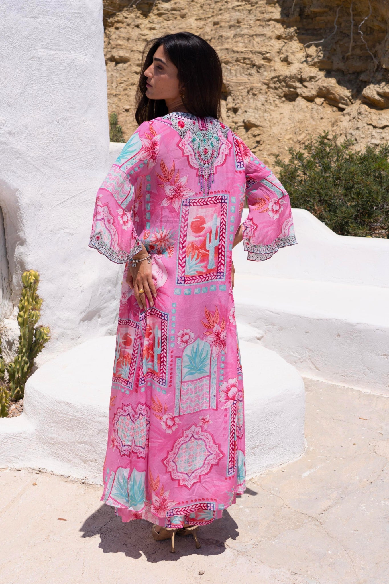 Pink Boho Long Jacket w Side Slit - Czarina