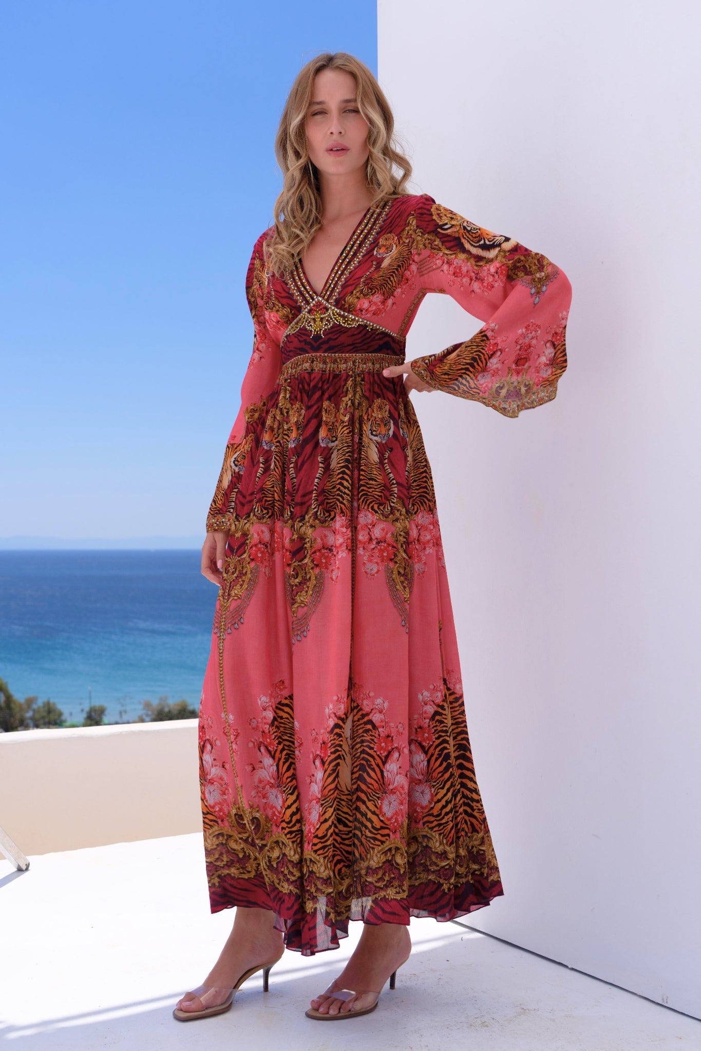 PINK TIGRESS MAXI DRESS W FLARE SLEEVES - Czarina