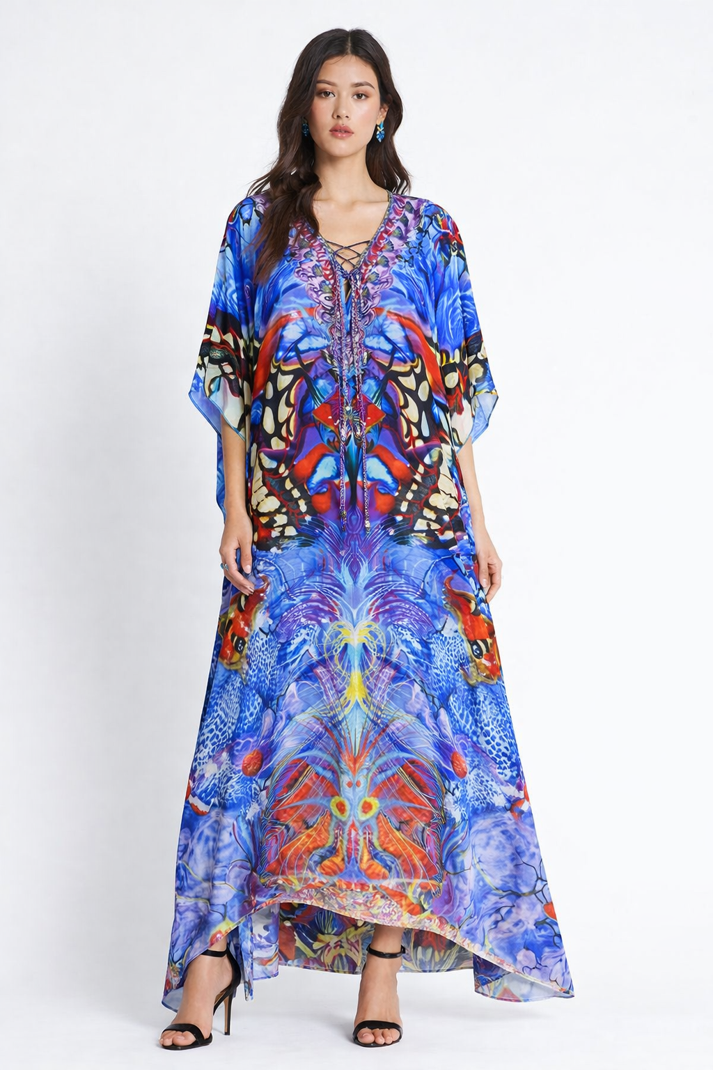 PURPLE BUTTERFLY 100% SILK LONG KAFTAN - Czarina