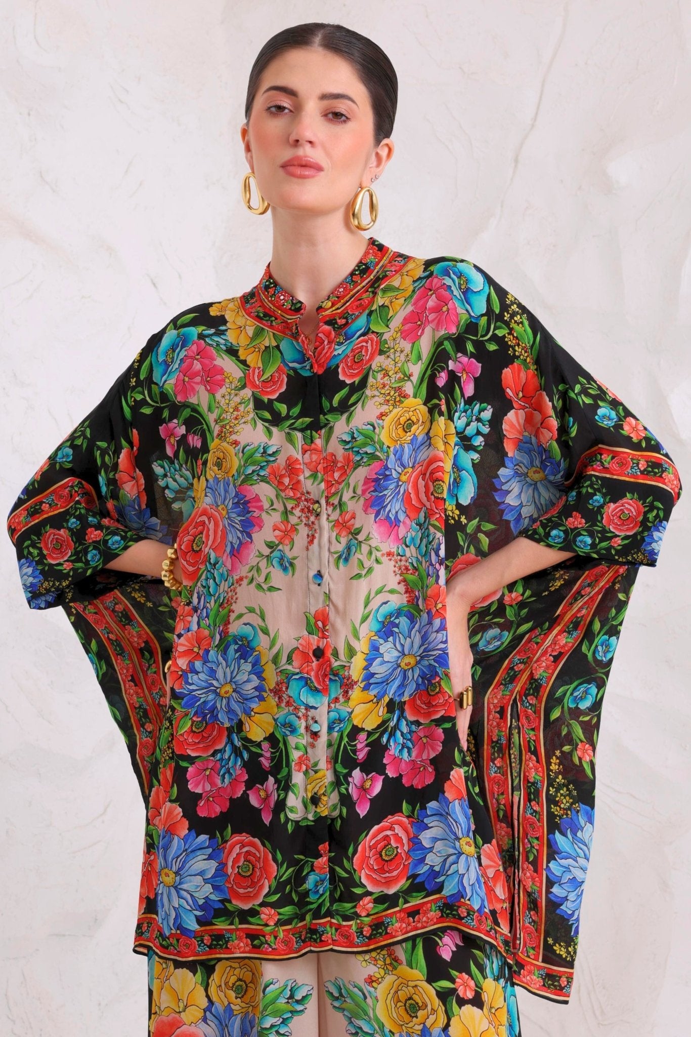 Spanish Flowers Kaftan Top w Sleeves - Czarina