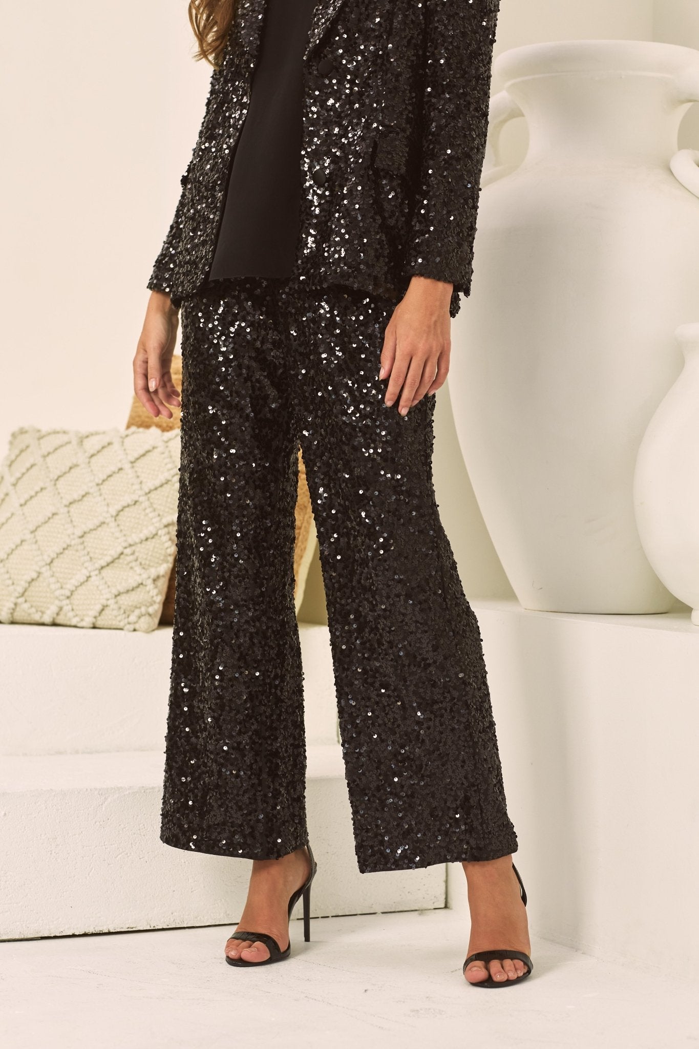 BLACK SEQUINS PALAZZO PANTS - Czarina