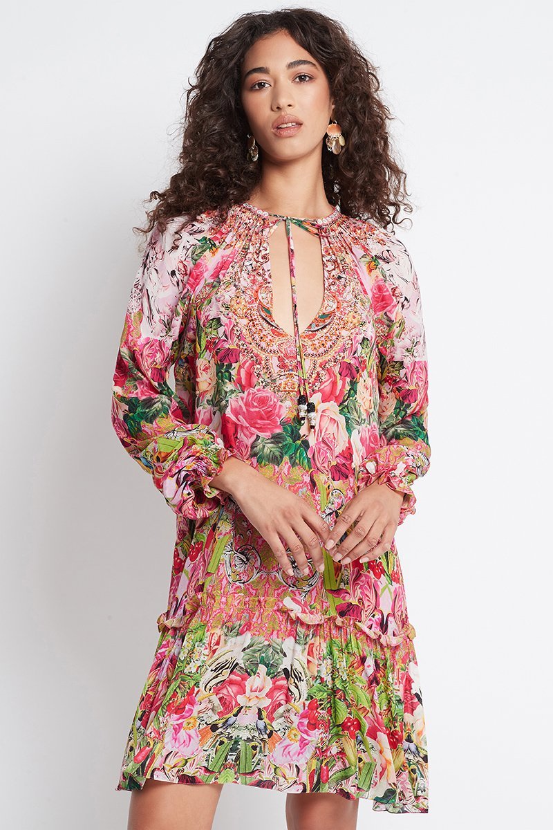 Every Flower Blossoms Short Dress W Faux Bell Sleeve - Czarina