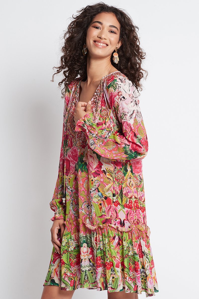 Every Flower Blossoms Short Dress W Faux Bell Sleeve - Czarina