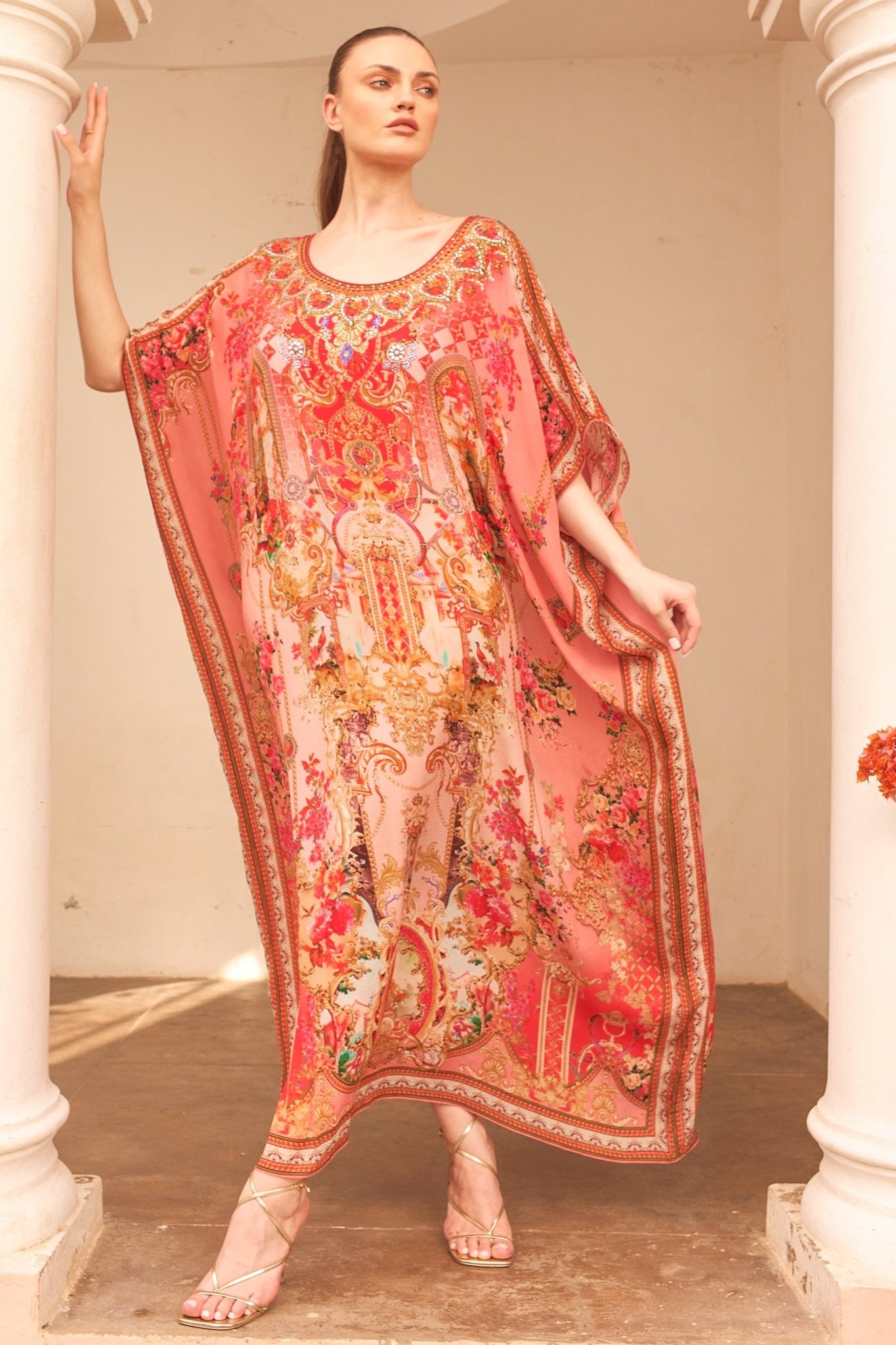 PINK CASTLE ROUND NECK LONG KAFTAN - Czarina