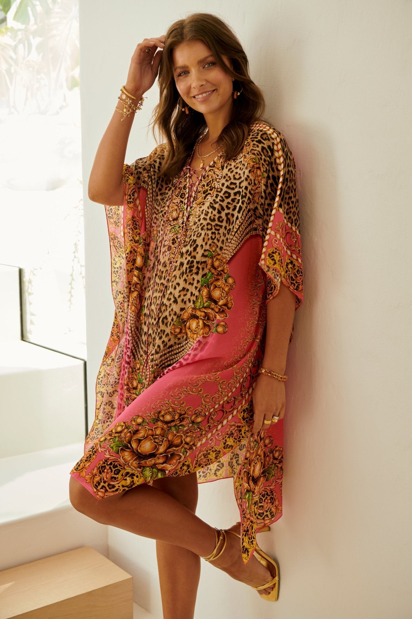 PINK LEOPARD SHORT KAFTAN - Czarina