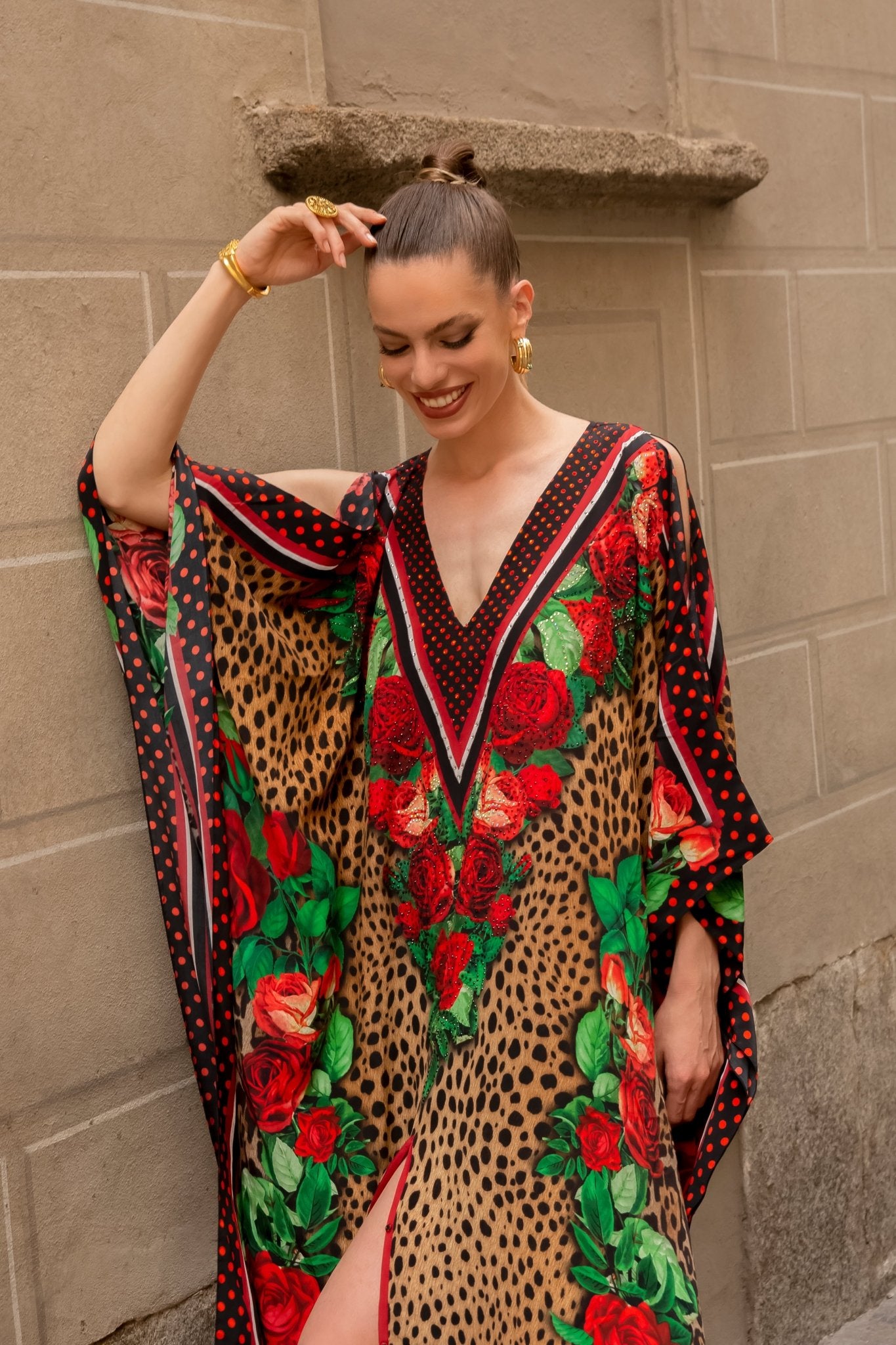 ROSE LEOPARD BIG WIDTH SILK LONG KAFTAN - Czarina