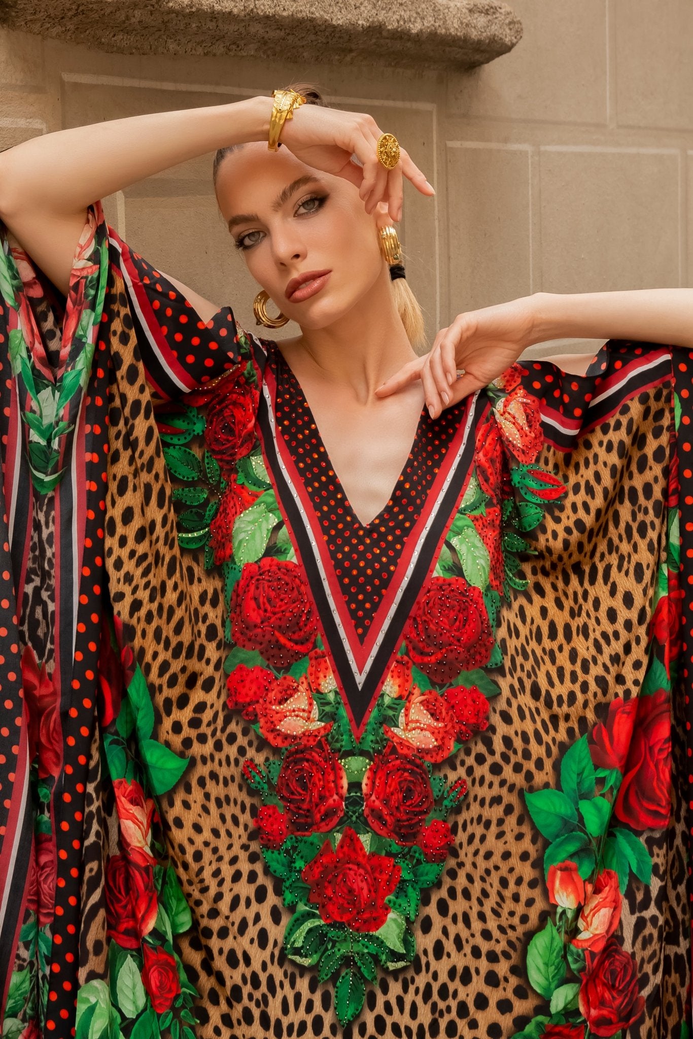 ROSE LEOPARD BIG WIDTH SILK LONG KAFTAN - Czarina