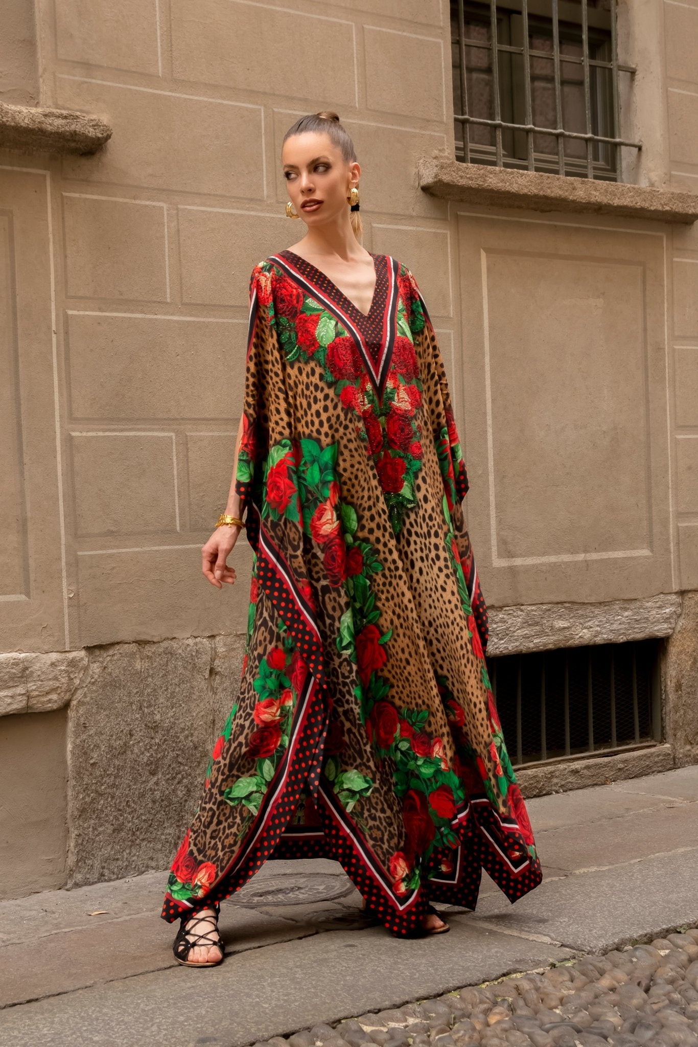 ROSE LEOPARD BIG WIDTH SILK LONG KAFTAN - Czarina