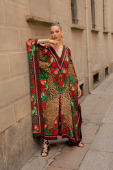 ROSE LEOPARD BIG WIDTH SILK LONG KAFTAN - Czarina