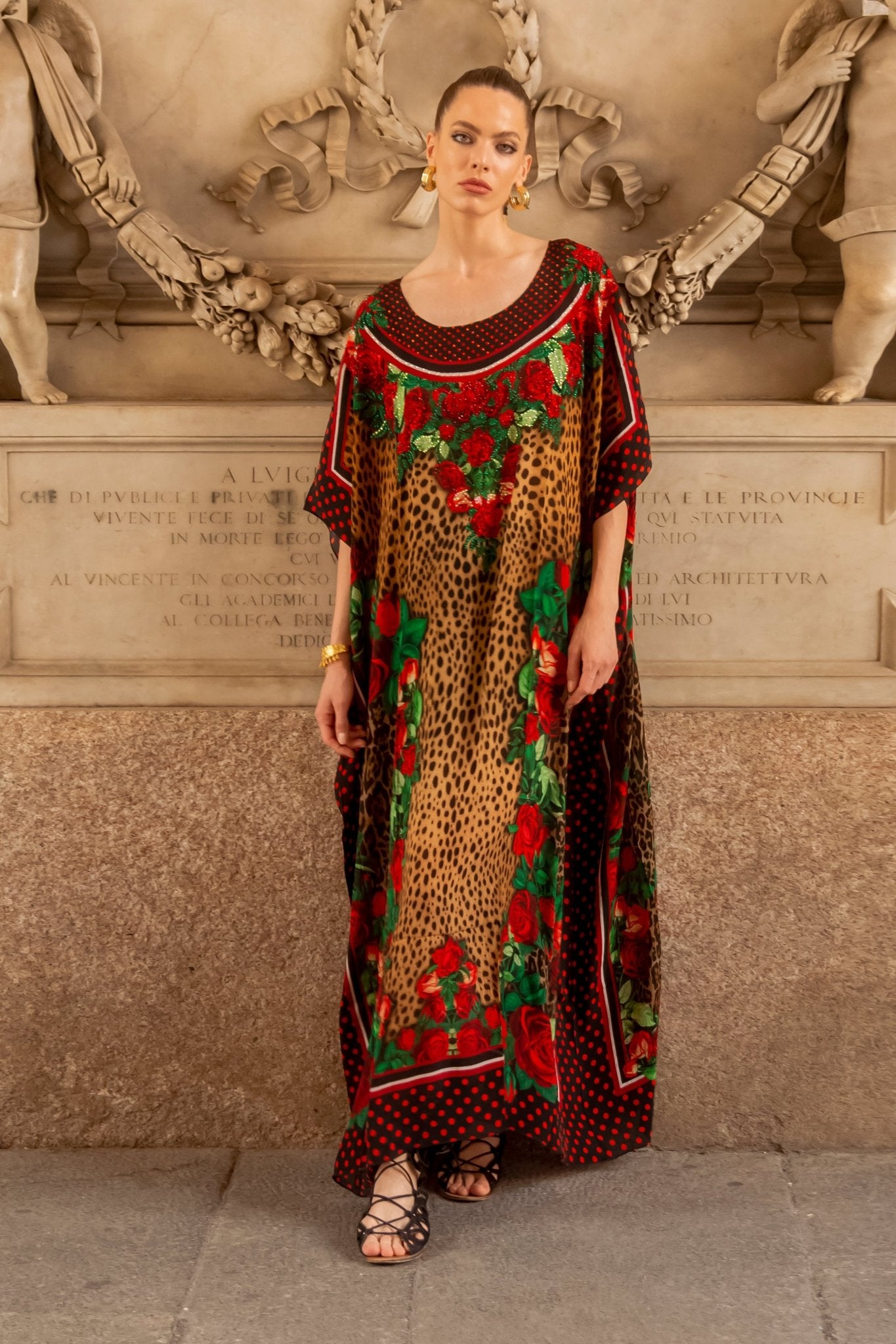 Summer Leopard Kaftan Dress ROSE LEOPARD ROUND NECK LONG KAFTAN