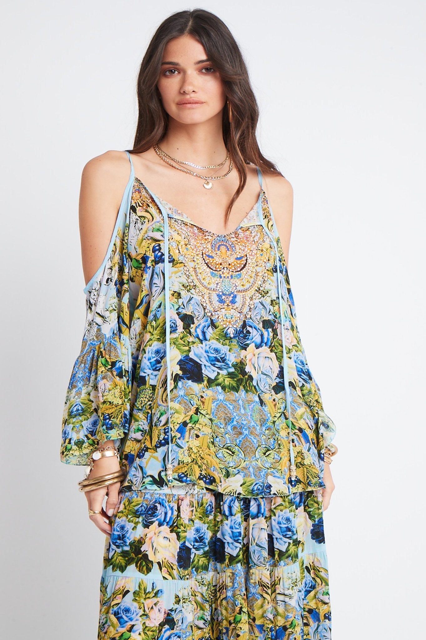 SUMMER BLUES COLD-SHOULDER FRIL TOP - Czarina