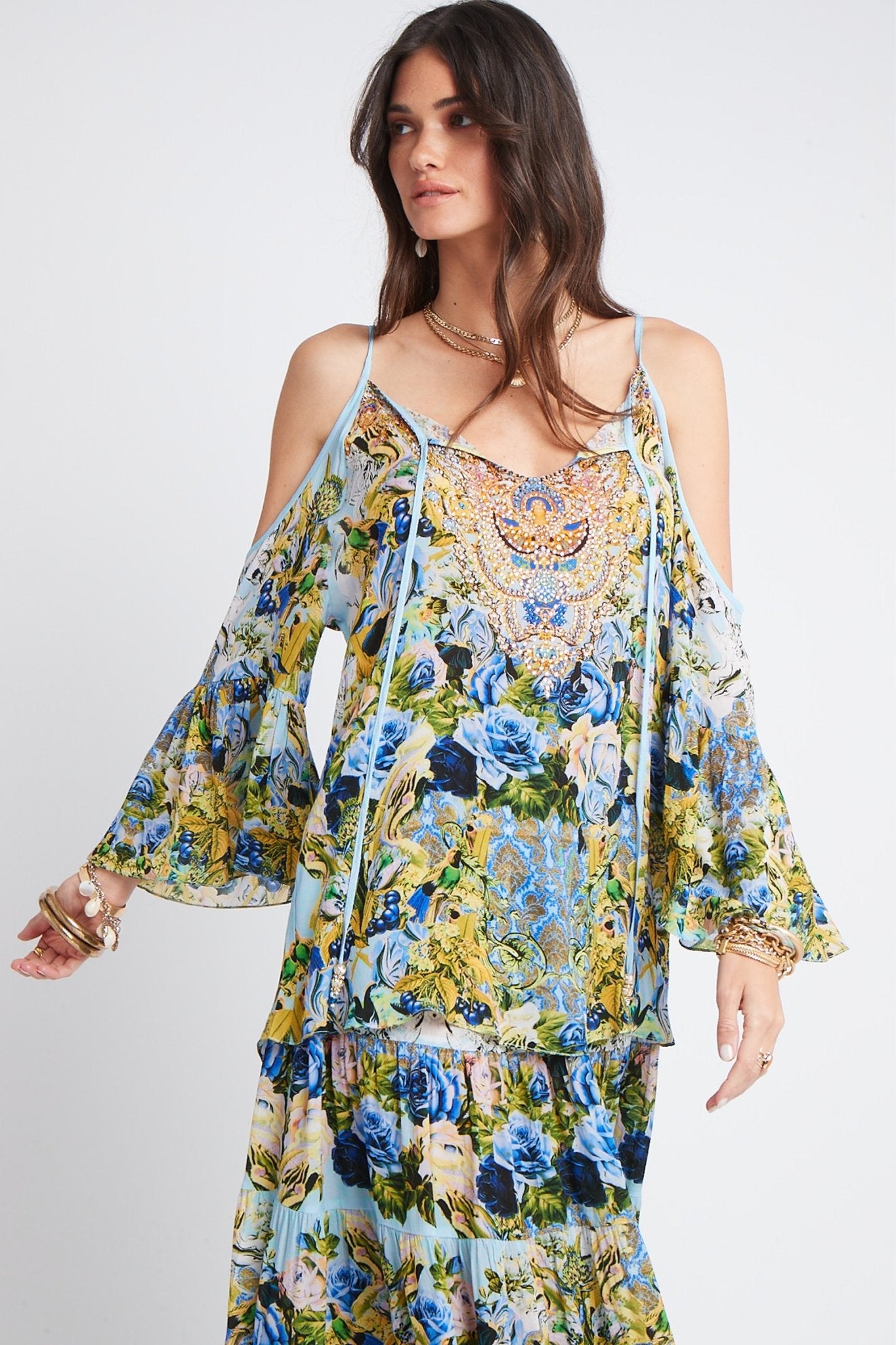 SUMMER BLUES COLD-SHOULDER FRIL TOP - Czarina