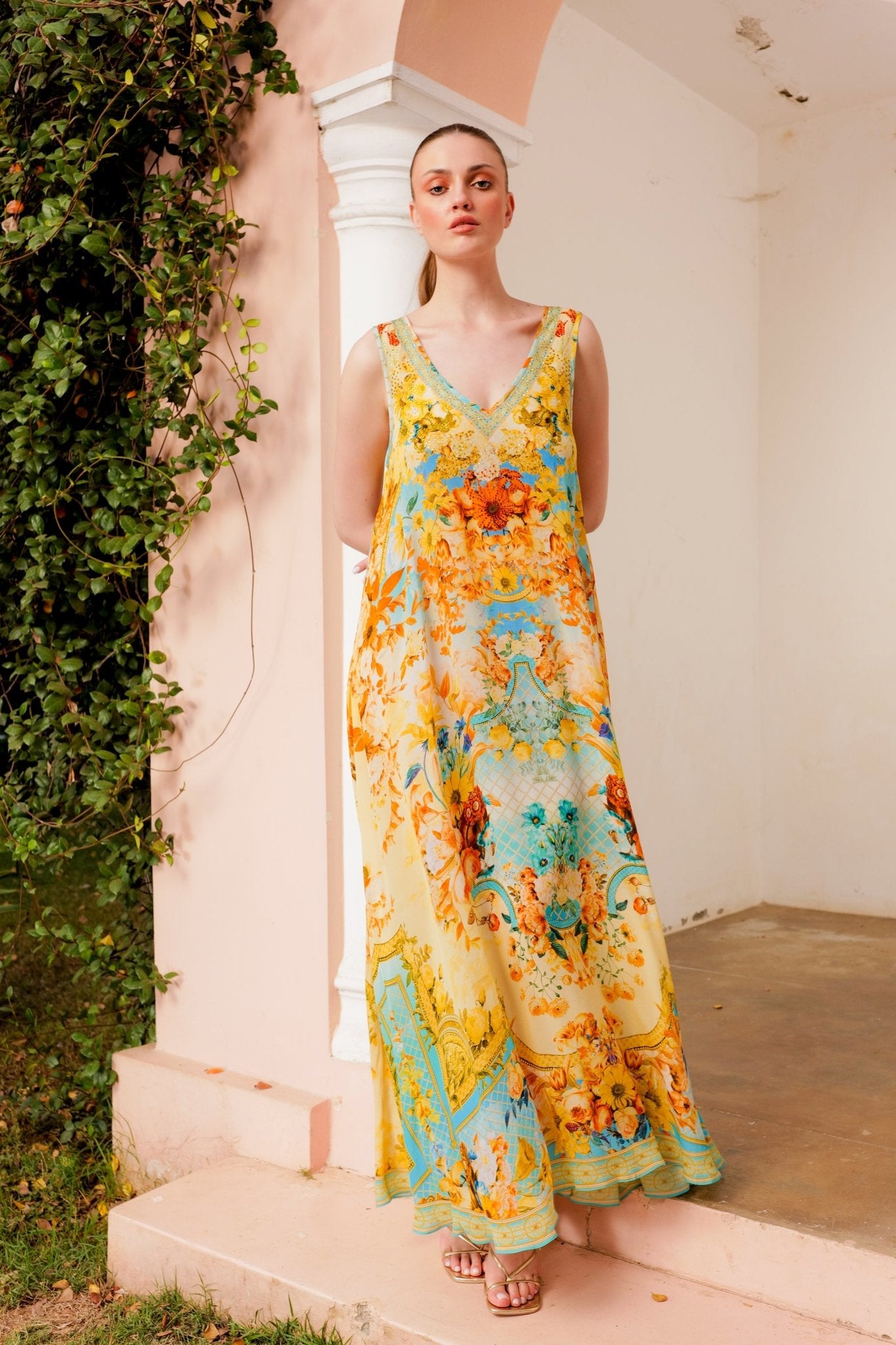 yellow summer garden sleeveless maxi dress farm rio yellow summer garden sleeveless maxi dress Yellow Delicate Fruit Garden Smocked Maxi Dress FARM