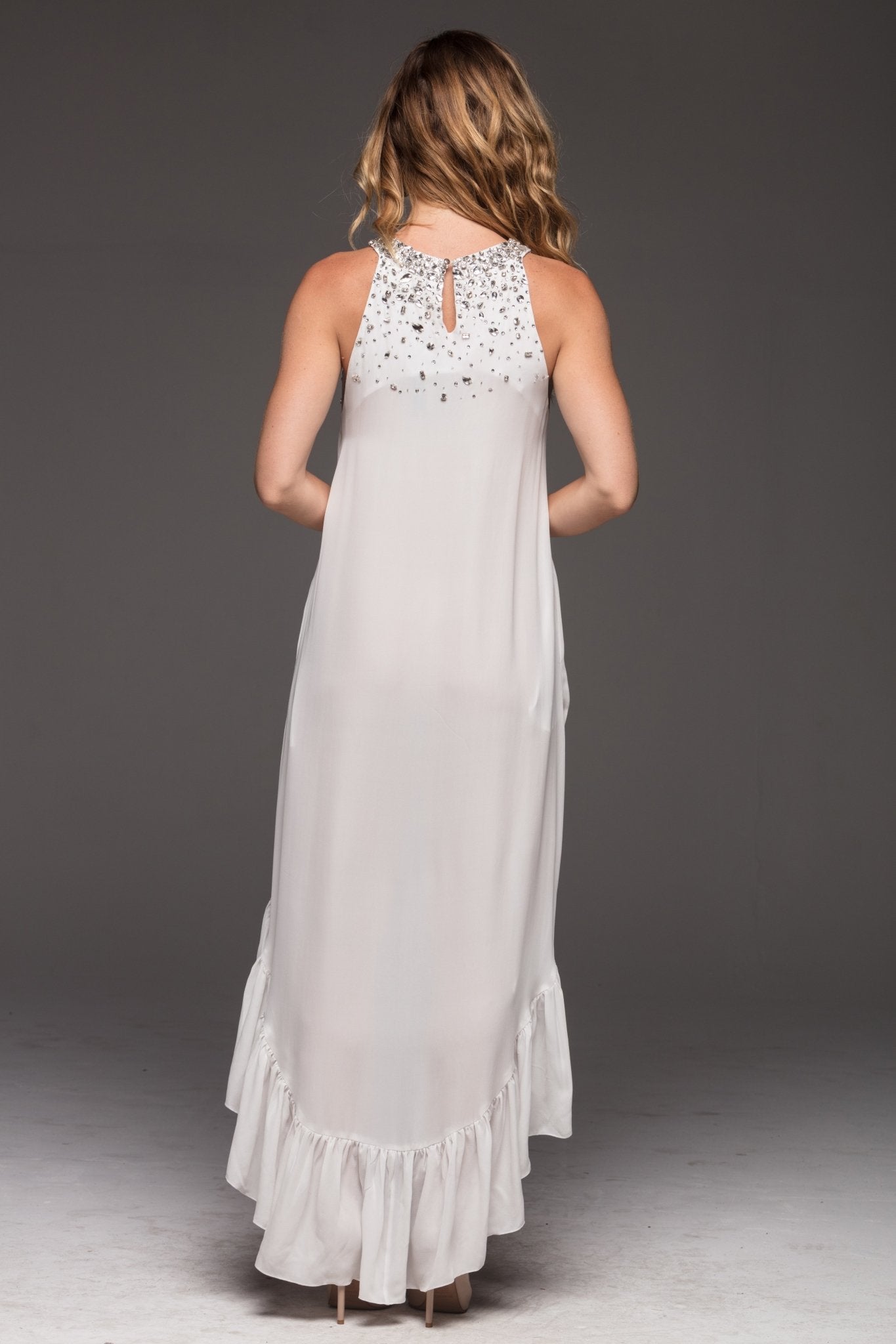 WHITE PEARL ROUND-NECK HI LOW DRESS - Czarina