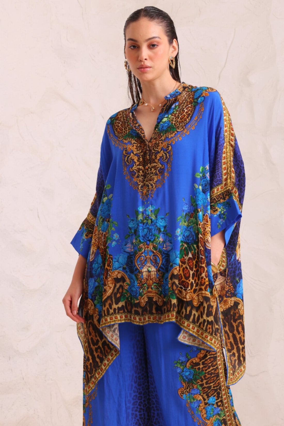 BLUE LEOPARDESS KAFTAN TOP W SLEEVES