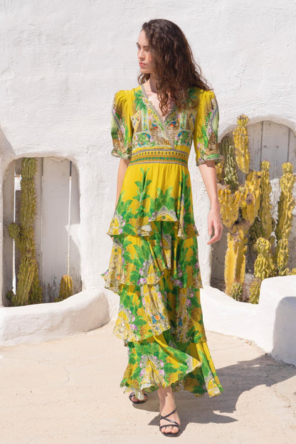 GOLDEN PALMS CROSS OVER MAXI DRESS