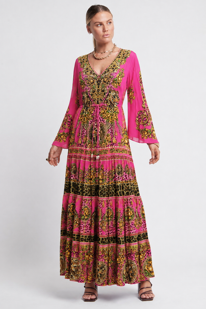 PINK LEOPARD V-NECK TIER MAXI DRESS