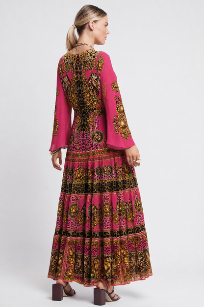 PINK LEOPARD V-NECK TIER MAXI DRESS