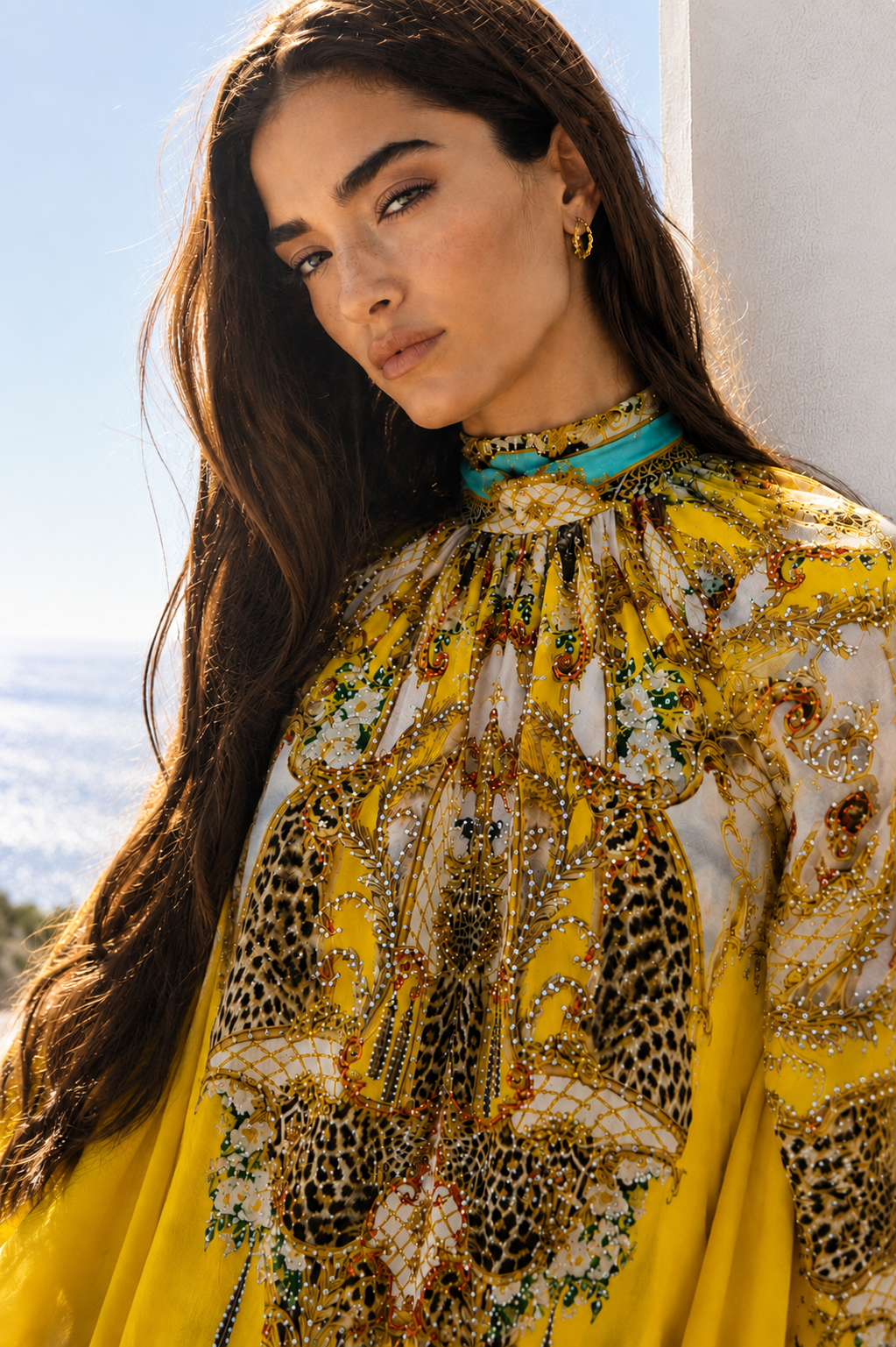 GOLDEN LEOPARD HI NECK MAXI KAFTAN