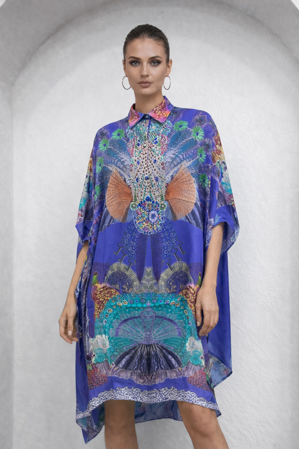PURPLE PEACOCK MIDI COLLAR KAFTAN