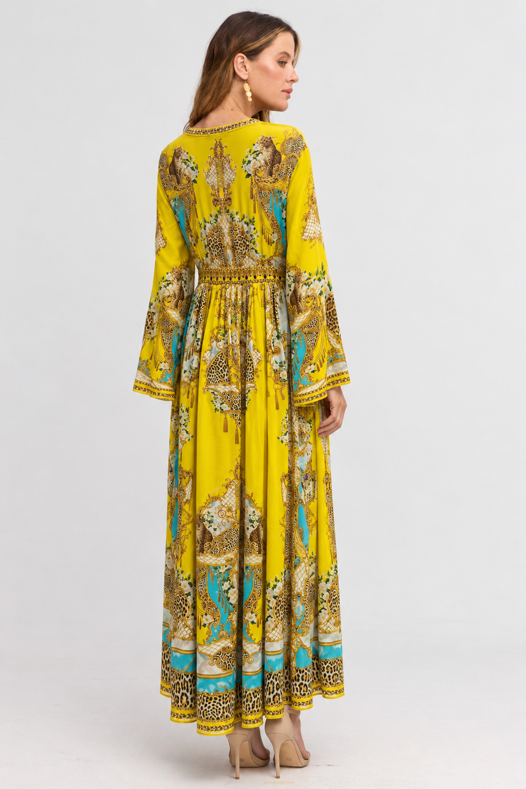 GOLDEN LEOPARD MAXI DRESS W FLARE SLEEVES
