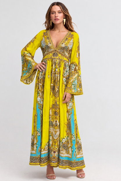 GOLDEN LEOPARD MAXI DRESS W FLARE SLEEVES