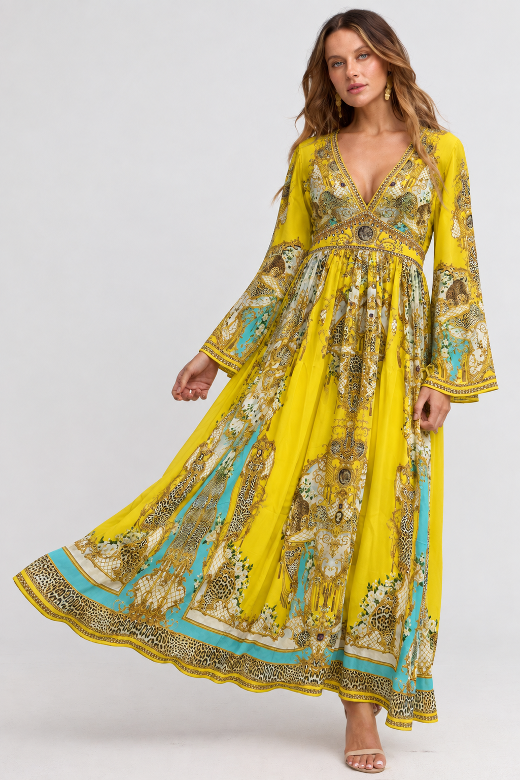 GOLDEN LEOPARD MAXI DRESS W FLARE SLEEVES