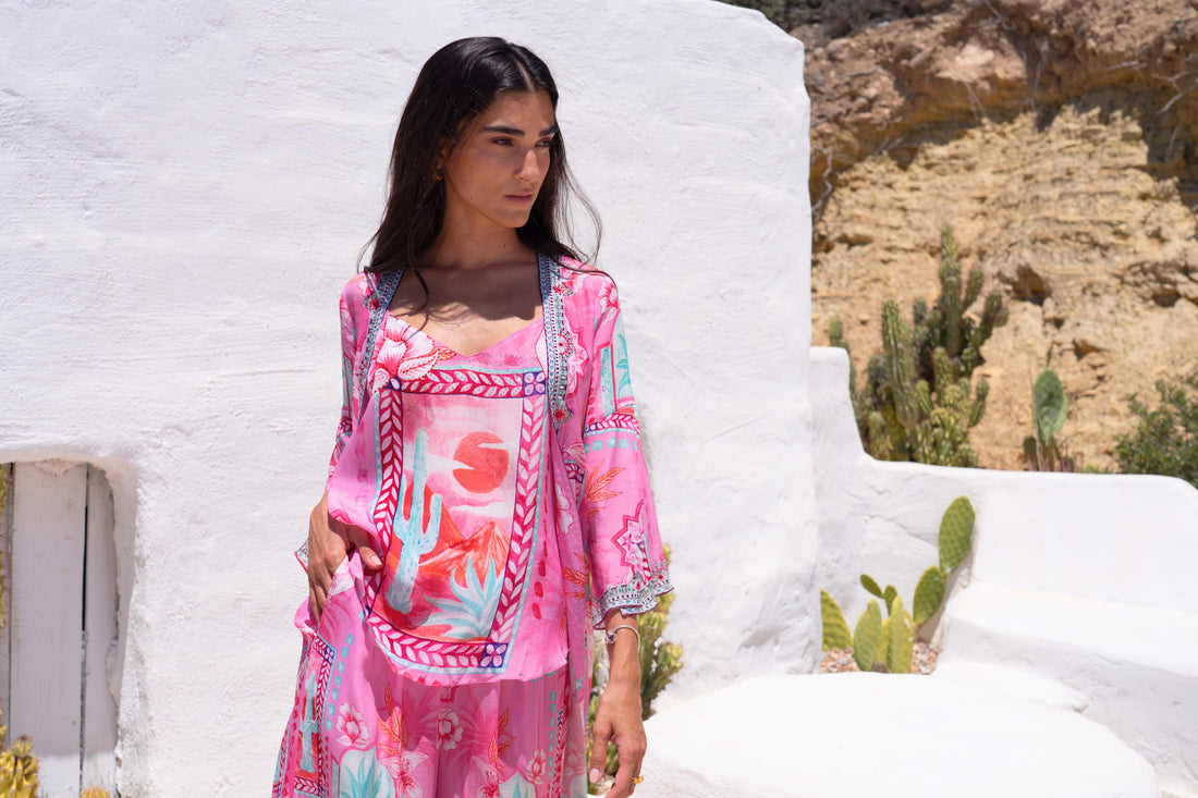 Pink Boho Long Jacket w Side Slit