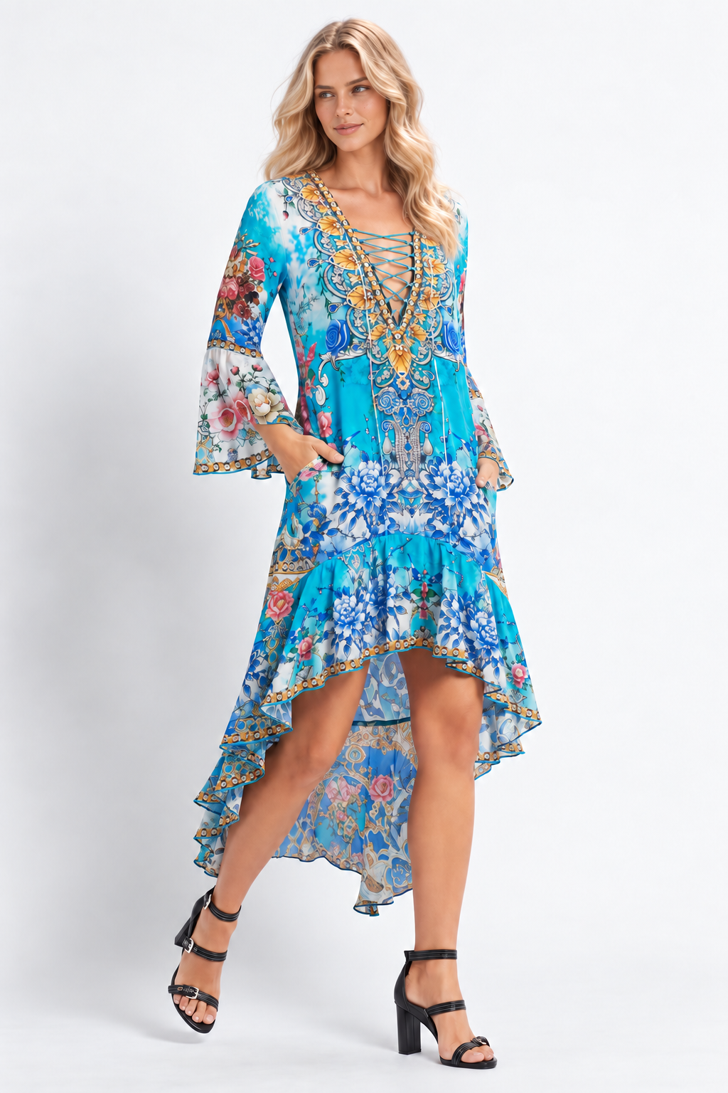 SUMMER SOMEWHERE HI LOW DRESS W SLEEVES