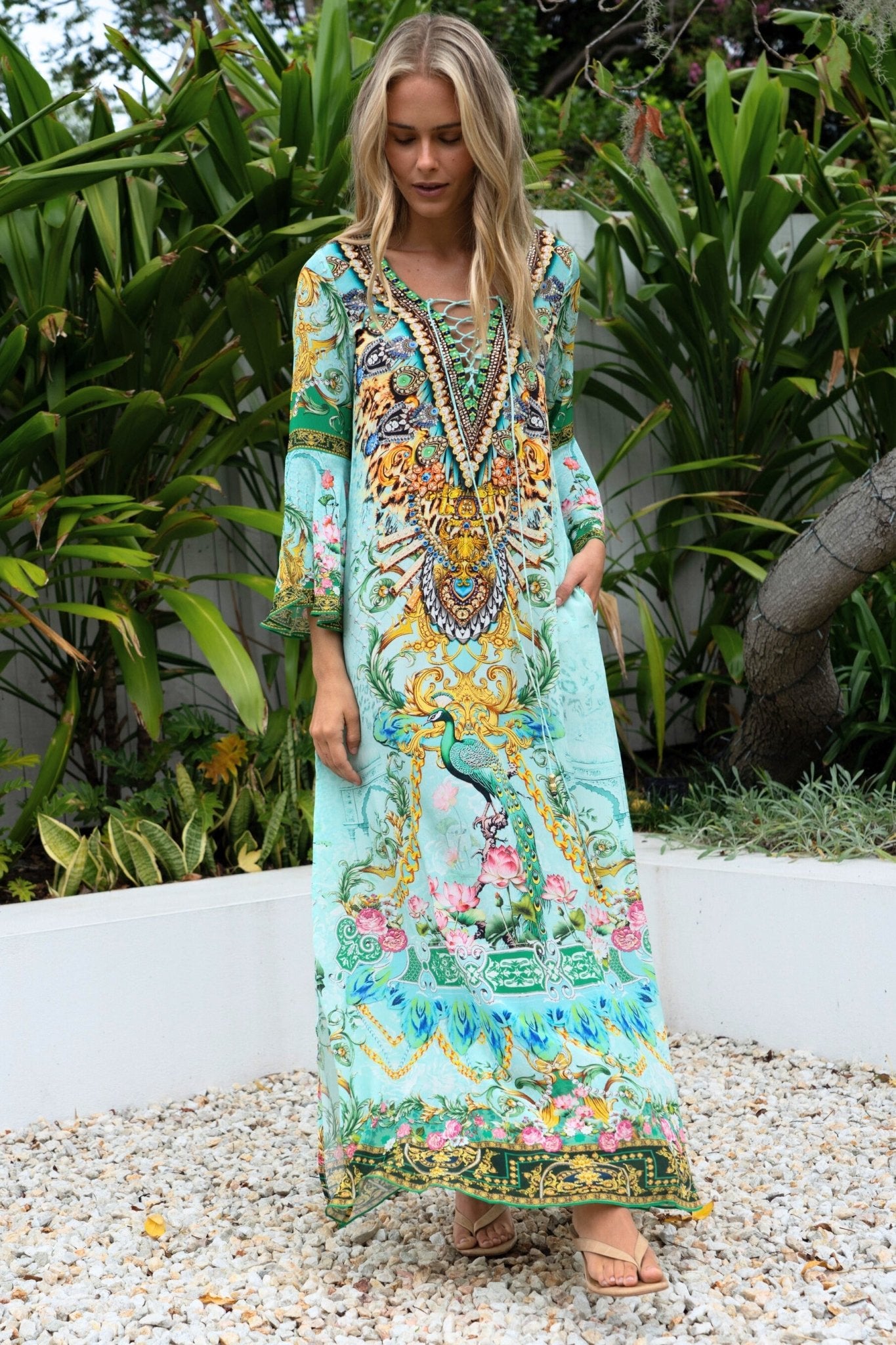 AQUA CHEETAH MAXI DRESS W SLEEVES - Czarina
