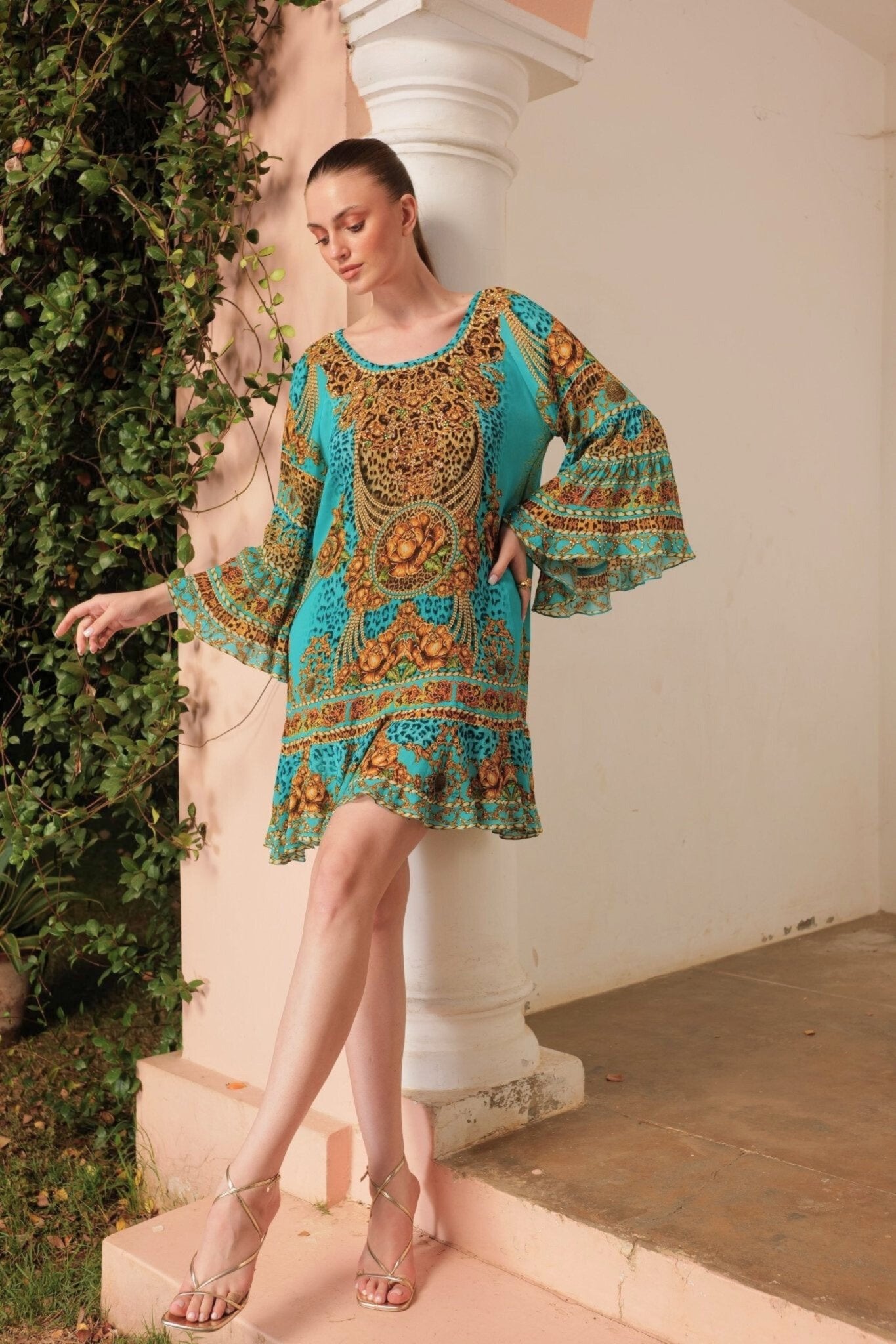 AQUA LEOPARDESS FRILL DRESS - Czarina