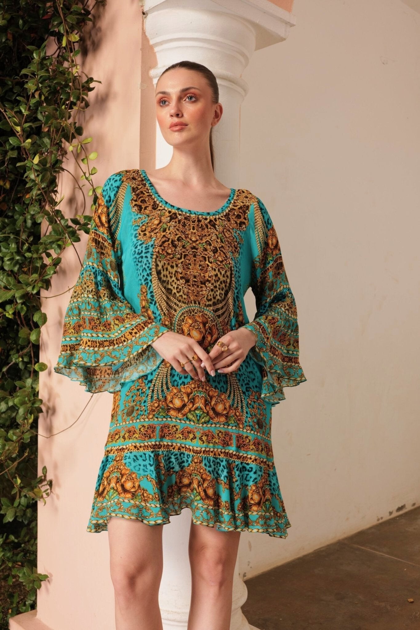 AQUA LEOPARDESS FRILL DRESS - Czarina