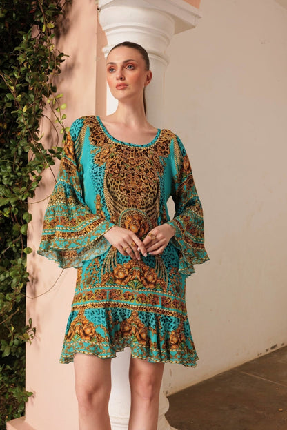 AQUA LEOPARDESS FRILL DRESS - Czarina