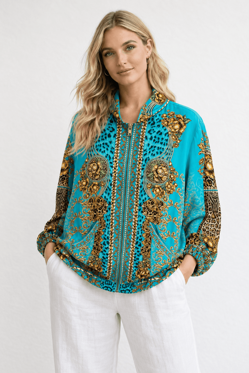 AQUA LEOPARDESS OVERSIZED BOMBER JACKET - Czarina